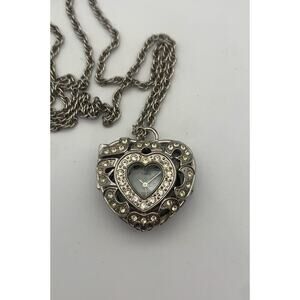 Silver Tone & Rhinestone Watch Heart Locket Necklace Pocket Quartz Working